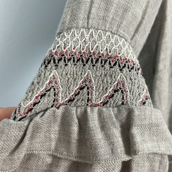 Zara Gray Embroidered Smocked boho peasant style Bell Sleeve Blouse - Picture 3 of 9